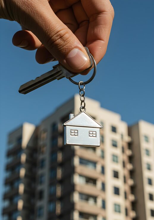 hand-holding-key-with-home-model-keychain-against-highrise-apartment-building-saving-money-buying-house-investment-mortgage-finance-loan-real-est